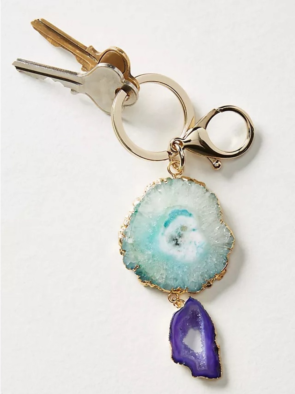 Anthropologie Agate Geode Keychain Gold-Tone, Aqua & Purple